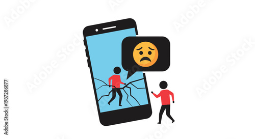 Impact of cyberbullying or online harassment is shown with a cracked smartphone screen and a sad emoji with people leaving the app.