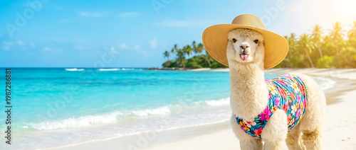 Funny alpaca in straw hat and floral swimsuit showing tongue on tropical beach with copy space