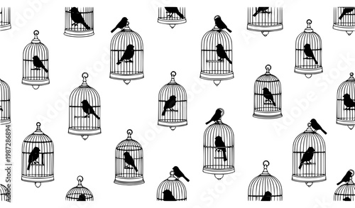 Seamless birdcage pattern with birds black white and blue vector elegant decorative repeat design