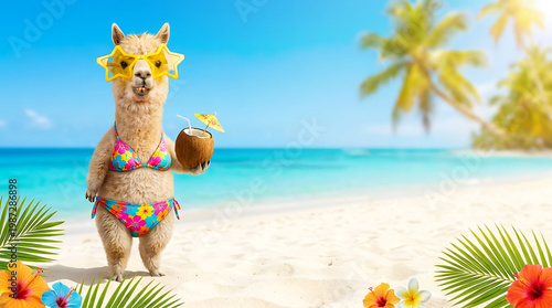 Funny alpaca in floral bikini and star sunglasses holding coconut cocktail on tropical beach with copy space