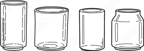 Line art illustration of four empty cylindrical cans, a simple silhouette design