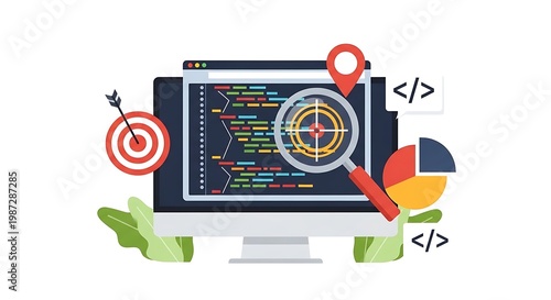 A computer monitor displays coding on the screen with a red target and arrow on the left, a magnifying glass over a graph, and a pie chart on the right, surrounded by coding symbols.