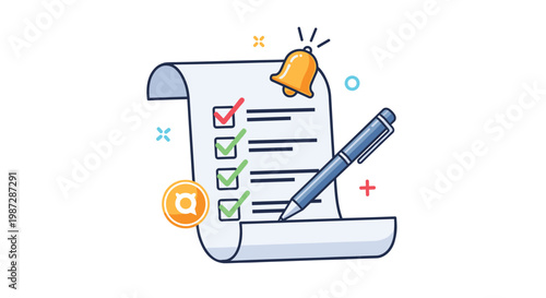 Important task list and reminder concept featuring a scroll with green checkmarks, a pen for writing, and a notification bell.