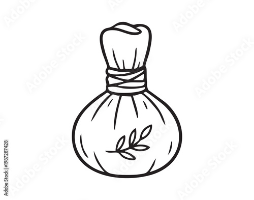 Spa aromatherapy accessory design. Soothing massage tool featuring natural scent and relaxation ritual. Line drawing of herbal compress pouch with leaf motif for spa aromatherapy and relaxation
