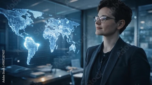 Woman interacting with digital world map in modern office for data analysis