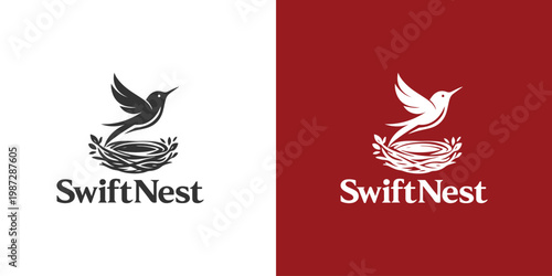 A logo design for SwiftNest featuring a bird in a nest
