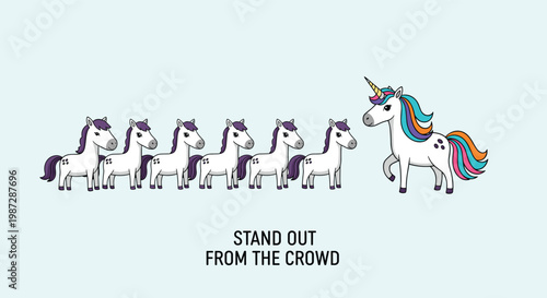 Stand out from the crowd concept featuring a colorful unicorn in a line of ordinary white horses.