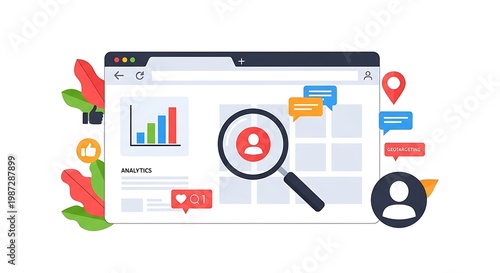 An illustration of a magnifying glass on a browser window with various icons and graphs on the screen surrounded by colorful graphics.