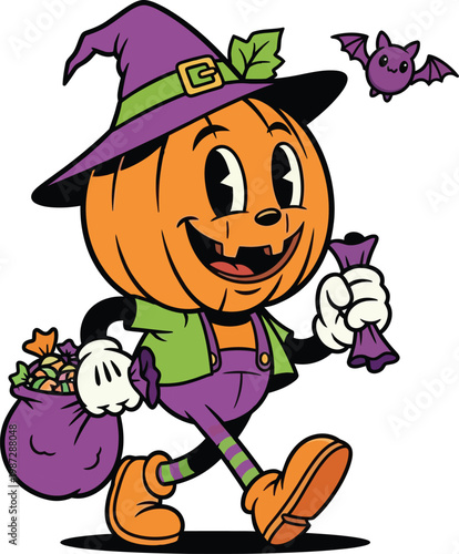 Cute cartoon pumpkin character trick or treating for halloween