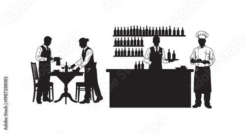 Restaurant staff silhouettes including chefs and waiters serving food and drinks at tables and counter vector.