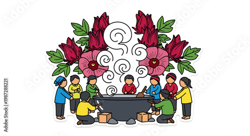 People gathered around a steaming cauldron with flowers