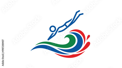 Swimming Icon With Waves and Diver Against White