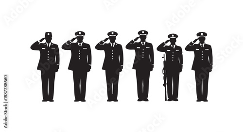 Saluting military police officers in uniform, conveying honor and discipline in a silhouette graphic.