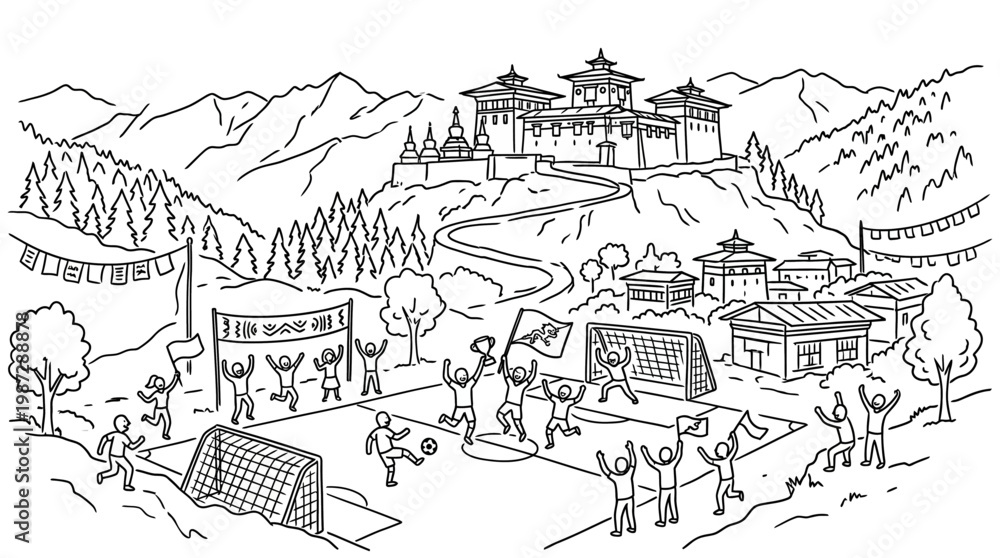Fototapeta premium Soccer Game at Mountain Village in Bhutan
