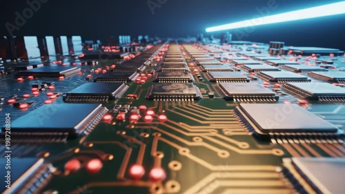 Closeup of a circuit board with microchips and glowing red lights on a green board with gold connections