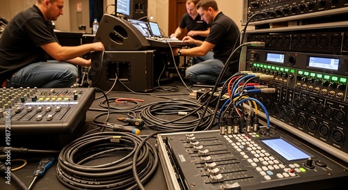 Professional recording studio setup with musicians and technicians in a busy room.