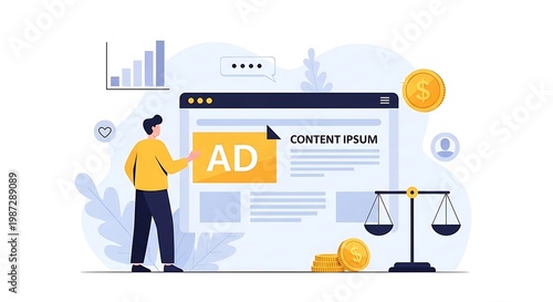 A man interacts with an advertisement on a webpage surrounded by coins and scales.