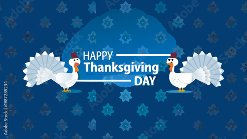 Happy thanksgiving day illustration with cartoon turkeys and starry background