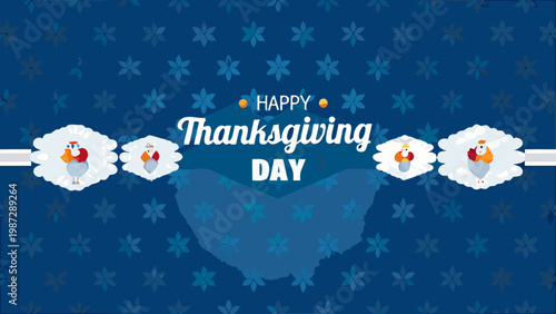 Festive thanksgiving day banner with turkeys and floral decorations