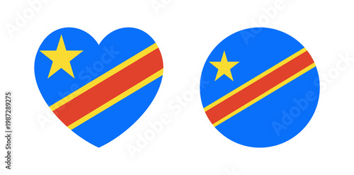 Democratic Republic of Congo flag heart shaped, round button, background. Set of circle, heart flag badge, sticker, icon, sign of Democratic Republic of Congo.