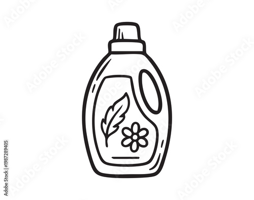 Floral fabric softener bottle with label illustration of flower and feather, ergonomic handle and pour spout, evokes freshscented laundry, softening properties and ecofriendly care for linens