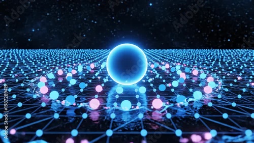 Glowing blue sphere on a network of interconnected nodes and lines in space