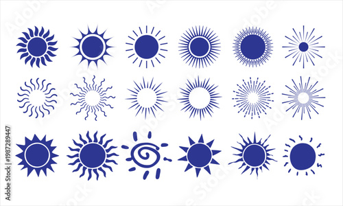 Sun icon set collection vector illustration with various solar shapes and styles