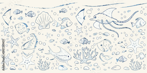 Blue line drawing of various marine life and seashells underwater