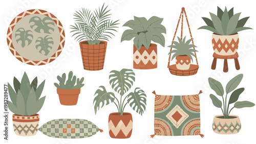 A collection of stylized potted plants and woven textile elements
