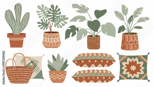 Stylized botanical illustration featuring potted plants and woven textiles