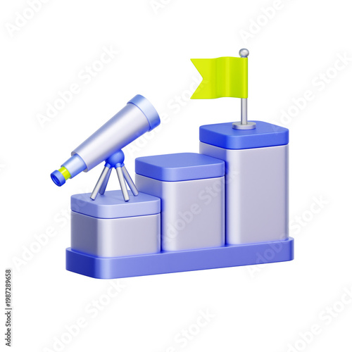 Obraz na płótnie 3D illustration of telescope and flag on stepped podium for goal achievement, strategic vision, career progression, success milestone, future planning, and leadership