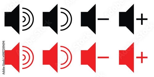 Volume icons set. Sound volume icons. Black and red  volume audio icons. Speaker volume symbol.with white background EPS10
