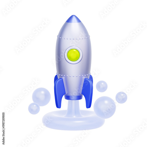 Photography 3D illustration of launching rocket with smoke bubbles for startup business, product launch, innovation, space exploration, project initiation, and rapid growth