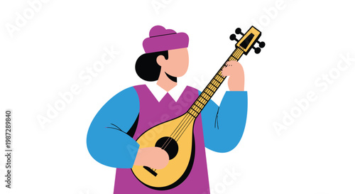 Vector woman playing mandolin, folk musician illustration, purple hat, blue shirt, musical instrument