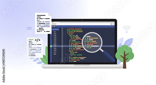 A person searches through coding files on a laptop surrounded by papers and trees.