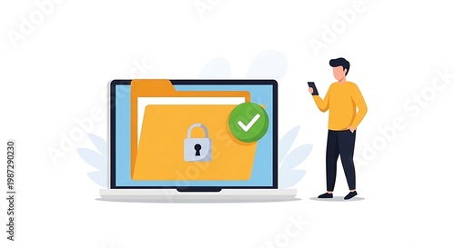 A man is checking his secure mobile phone next to a laptop displaying a locked file with a green verified checkmark on the screen.