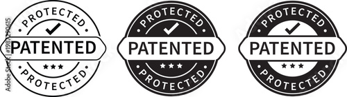 Patented Protected, Technology, Intellectual Property, Patent Applied logo, badge, icon, sticker, label, emblem, stamp, symbol, black, line circle, flat vector, isolated illustration.  