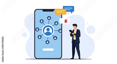 Businessman interacts with large smartphone displaying social network on screen in office.