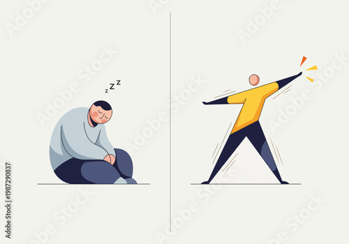 Emotional transformation from fatigue to empowerment with vibrant colors and minimalist style