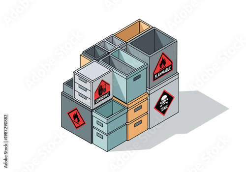 Industrial storage containers categorized for labor protection against hazards and contaminants, featuring colorful caution signs on a clean background.