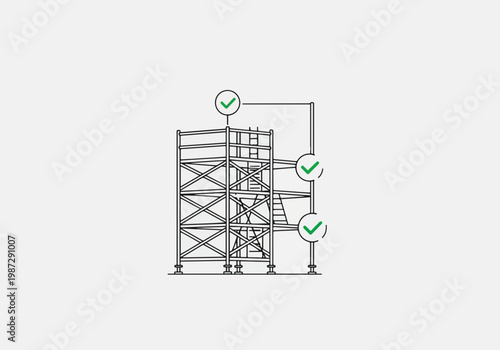 Construction scaffolding structure with safety checks illustrated on a plain background for labor protection awareness