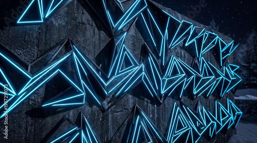 Blue Neon Geometric Light Wall in Rainy Night City  Futuristic Urban Reflection