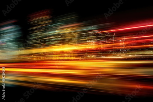Streaks of light blur city skyline at night, fast motion effect