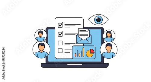 An illustration depicts people monitoring a laptop with checklist and graphs on screen.