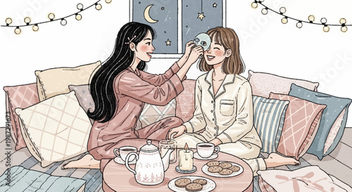 Two friends enjoying a cozy pajama party with tea and snacks.