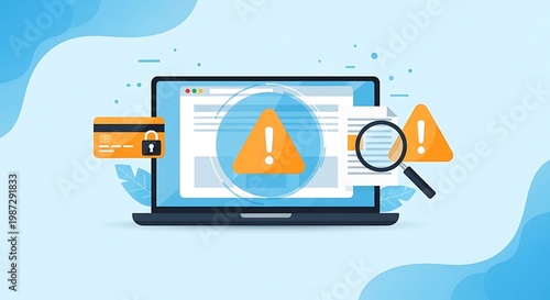 A warning sign appears on a laptop screen next to a magnifying glass and credit card on a blue background with abstract shapes.