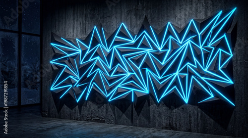 Blue Neon Geometric Light Wall in Rainy Night City  Futuristic Urban Reflection