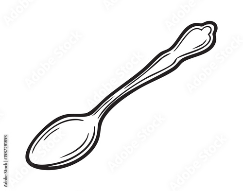 Decorative cutlery placed on rustic table. Antique silverware with intricate handle on wooden surface. Stylized line drawing of vintage spoon resting on coarse wood table for kitchen decor