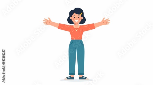 Cheerful Cartoon Woman with Dark Hair and Colorful Outfit Spreading Arms Wide in a Friendly Gesture