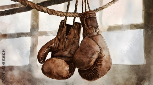 Vintage Boxing Gloves Evoke Nostalgia in a Rustic Gyms Atmospheric Sepia Tone Portrait